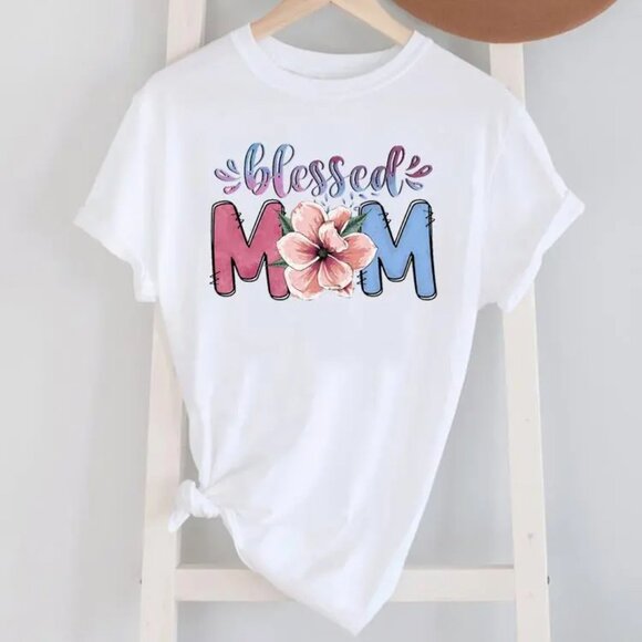 Blessed Mom Pink flower Printed Round Neck Short-Sleeved T-Shirt Size L - Picture 2 of 2